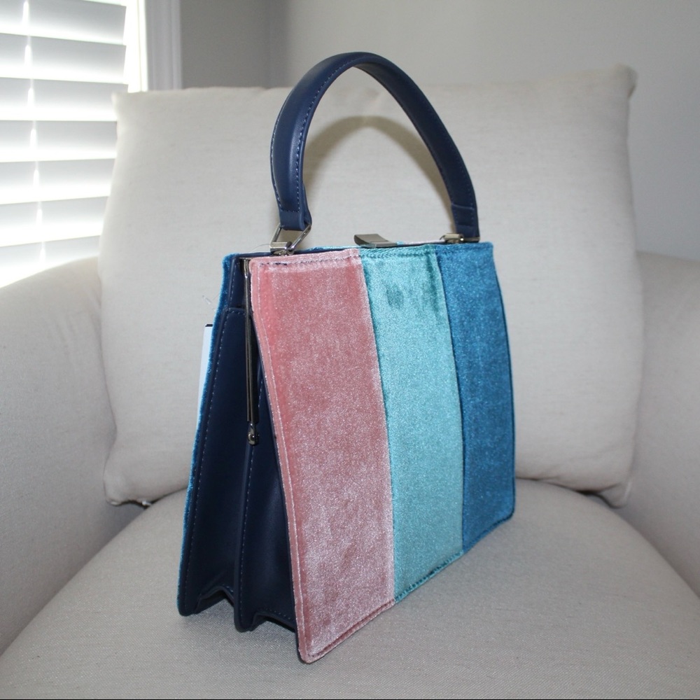 Velvet Colorblock Handbag (Blue/Pink) - Picture 9 of 16